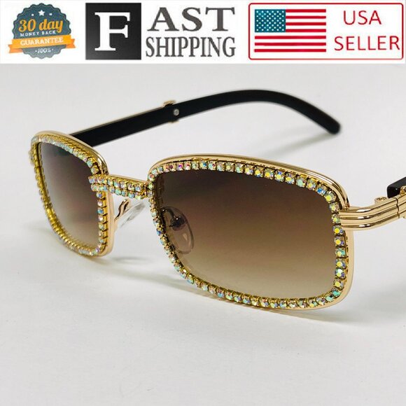 Men Sunglasses Square Brown Lens Fashion Diamond Blinfg Hip Hop Style Lentes New - Picture 5 of 6